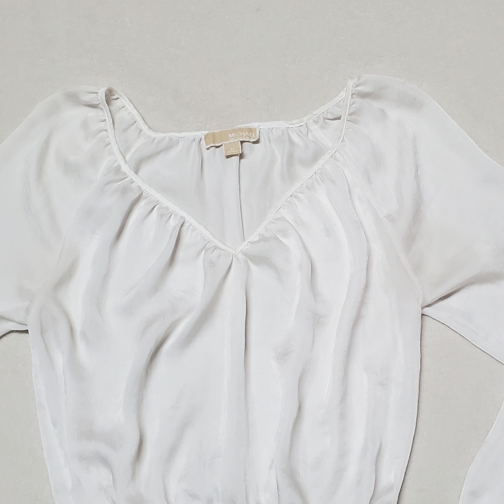 Retro Michael Kors Pearl Crinkled Satin Raglan Sleeve Smocked Waist Blouse Med - Picture 3 of 10